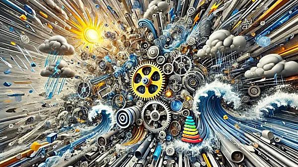 Abstrakcyjna grafika z kołami zębatymi i falą symbolizująca mechanikę i awarie rolet zewnętrznych.