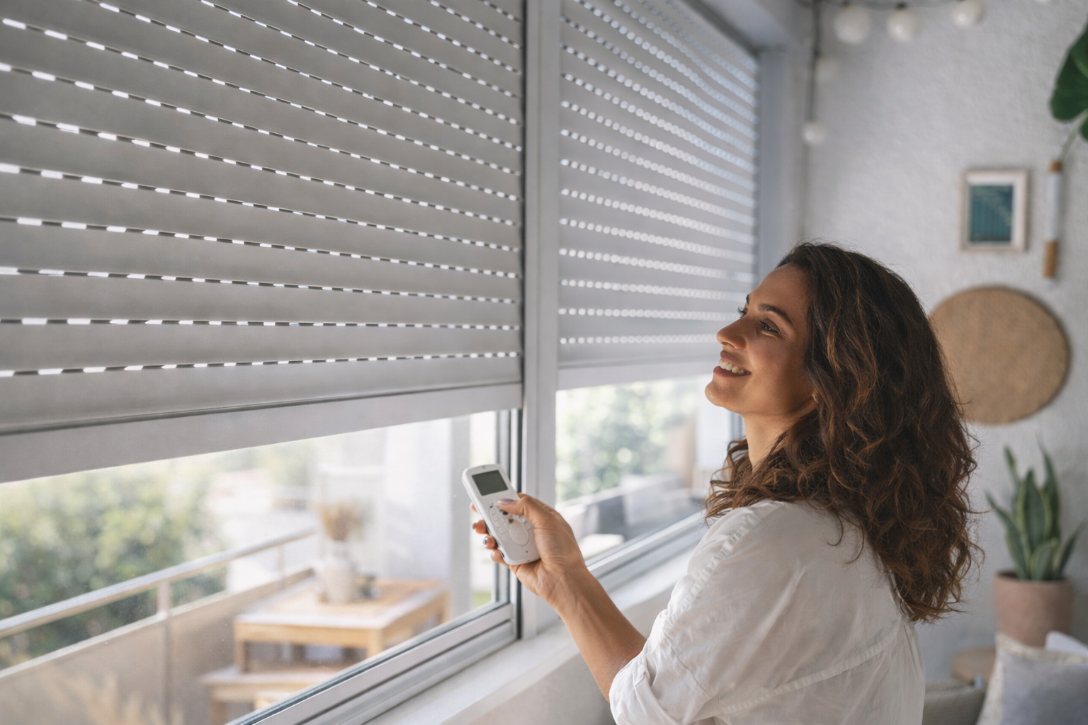 Kobieta obsługuje roletę zewnętrzną – nowoczesna automatyka i wygodne sterowanie roletami