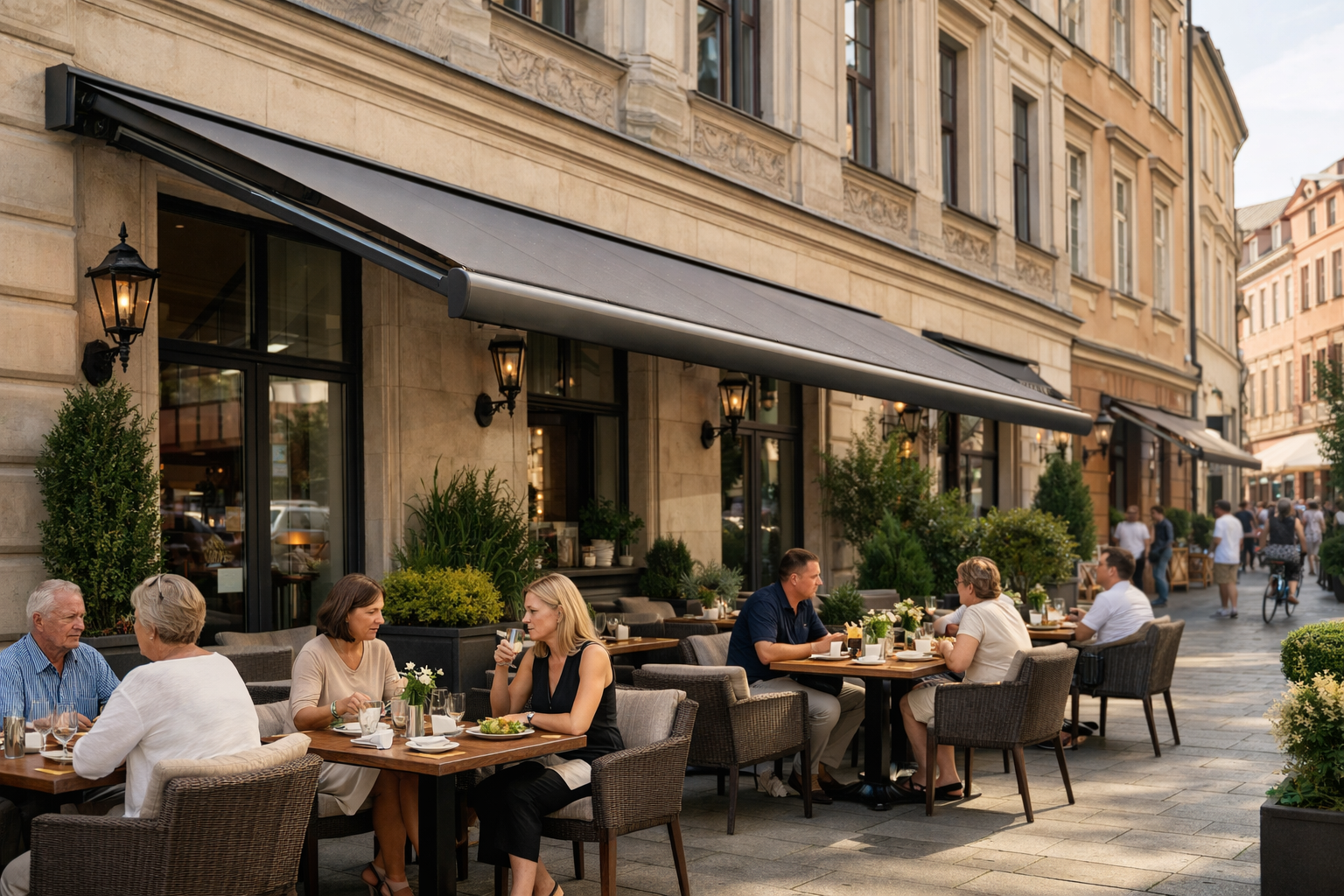 Markiza tarasowa nad ogródkiem restauracyjnym we Wrocławiu jako estetyczna osłona stolików