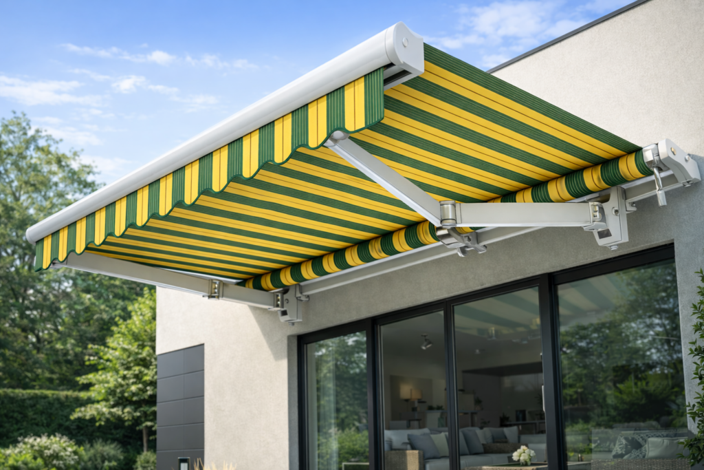 Markiza Australia z zielono-żółtym poszyciem nad dużym oknem tarasowym nowoczesnego domu
