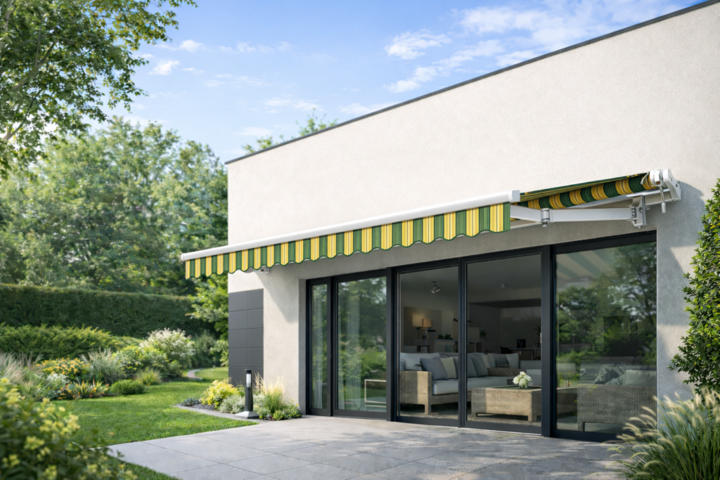 Markiza Australia w pasy zielono-żółte na elewacji nowoczesnego domu z ogrodem w tle