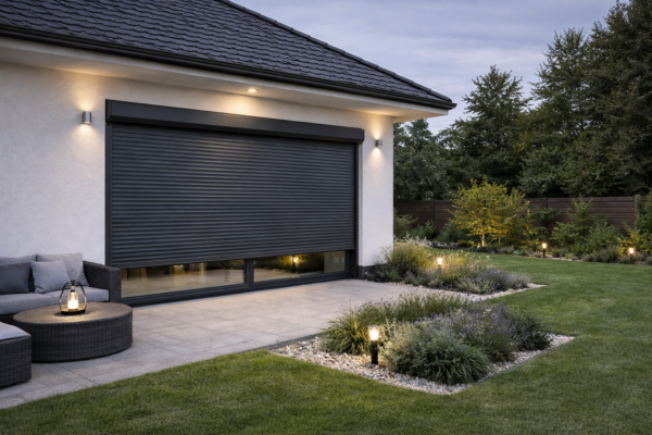 Zamontowana roleta zewnętrzna przy tarasie nowoczesnego domu – gotowy efekt